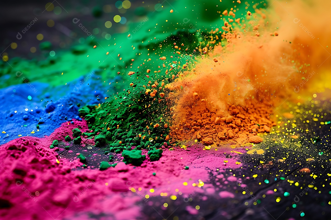 A imagem mostra pós coloridos, conhecidos como gulal, que são um elemento central do Festival Holi, também chamado de Festival das Cores.