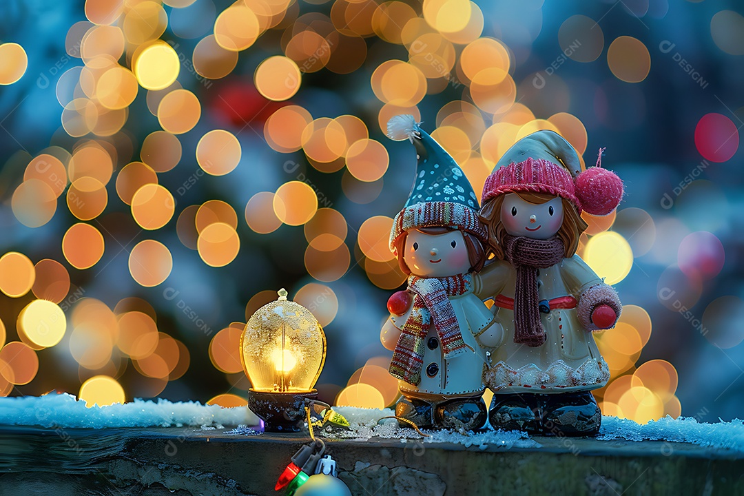 A imagem mostra uma cena natalina com dois bonecos de neve decorativos e uma luminária em forma de abóbora, com luzes de Natal
