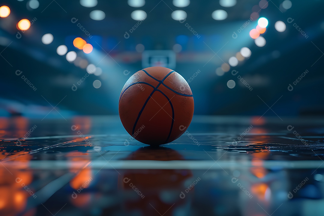 A imagem mostra uma bola de basquete em uma quadra, que é o objeto central do esporte de basquete.