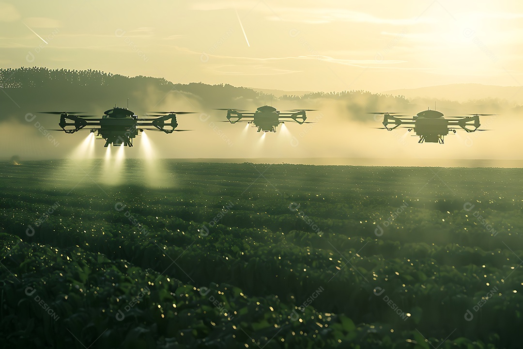 A imagem mostra drones agrícolas, possivelmente do modelo KING-100 da Agrevo, realizando pulverização em uma lavoura