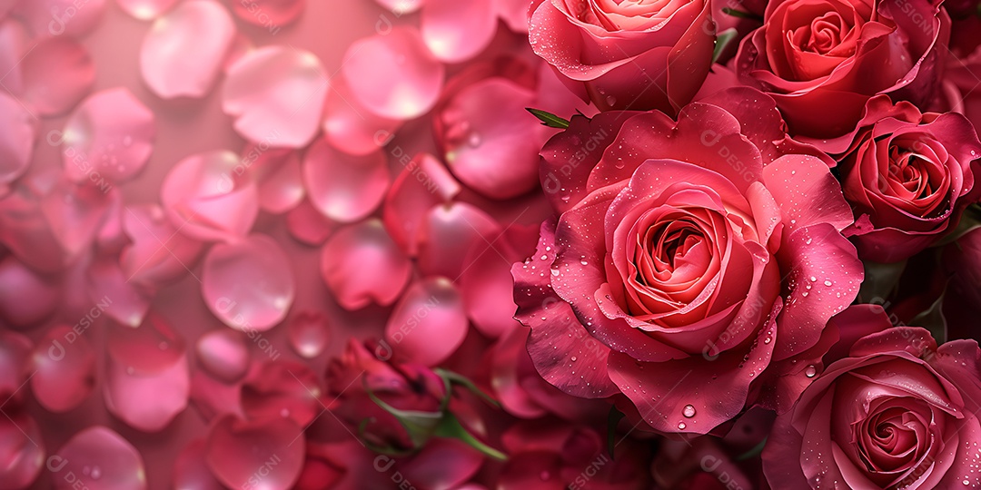 A imagem mostra um conjunto de rosas e pétalas de rosa