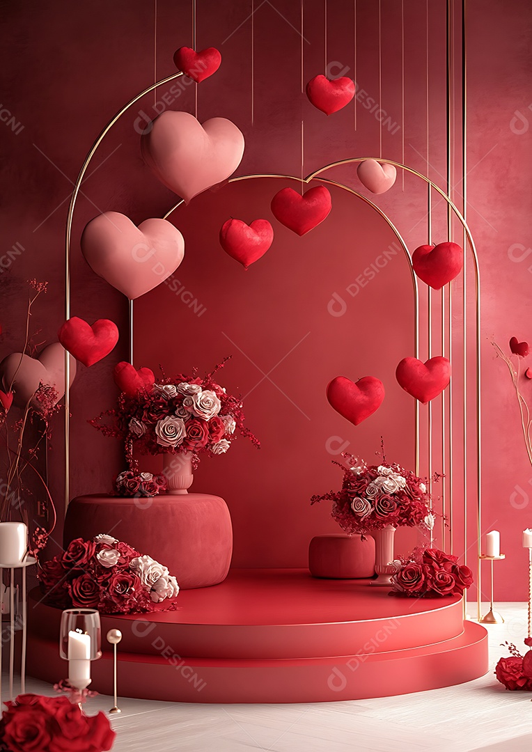 A imagem retrata uma decoração festiva associada ao Dia de São Valentim, também conhecido como Valentines Day