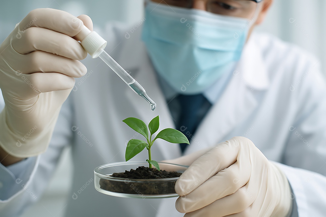 A imagem retrata um cientista realizando um experimento em laboratório, focado no melhoramento genético de plantas.
