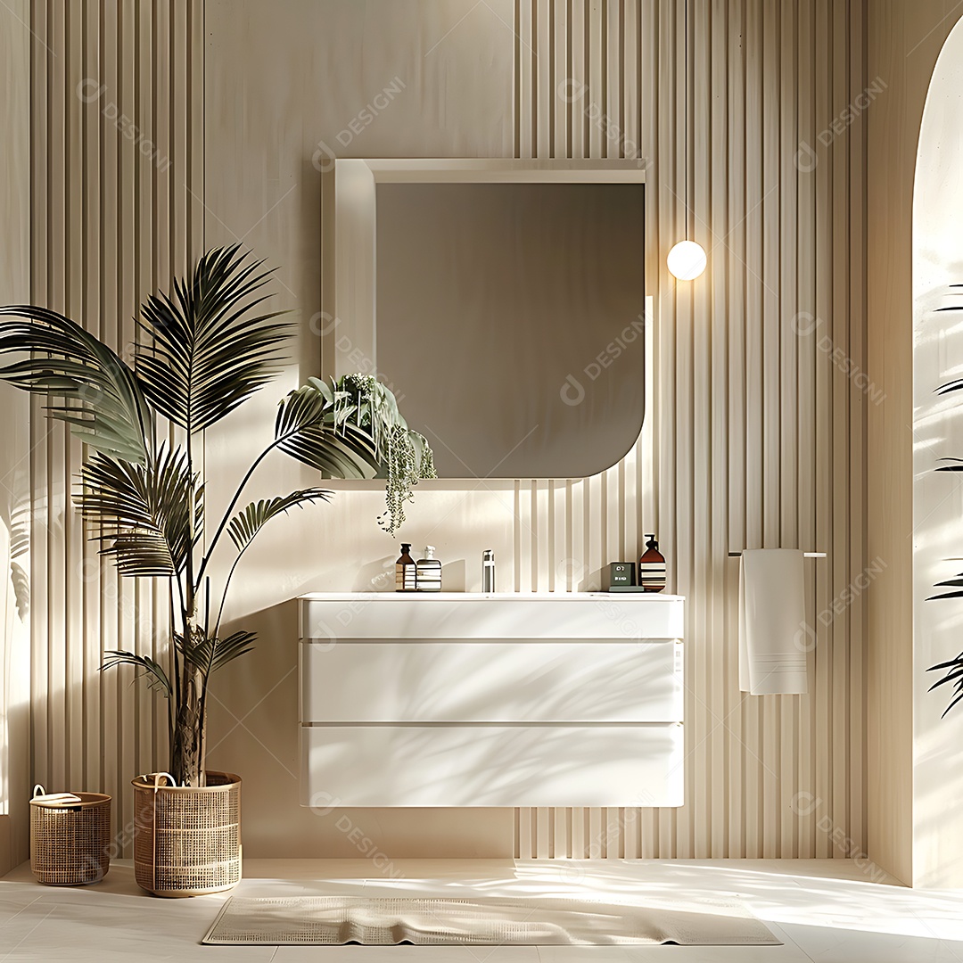 A imagem mostra um banheiro ou lavabo moderno e bem decorado