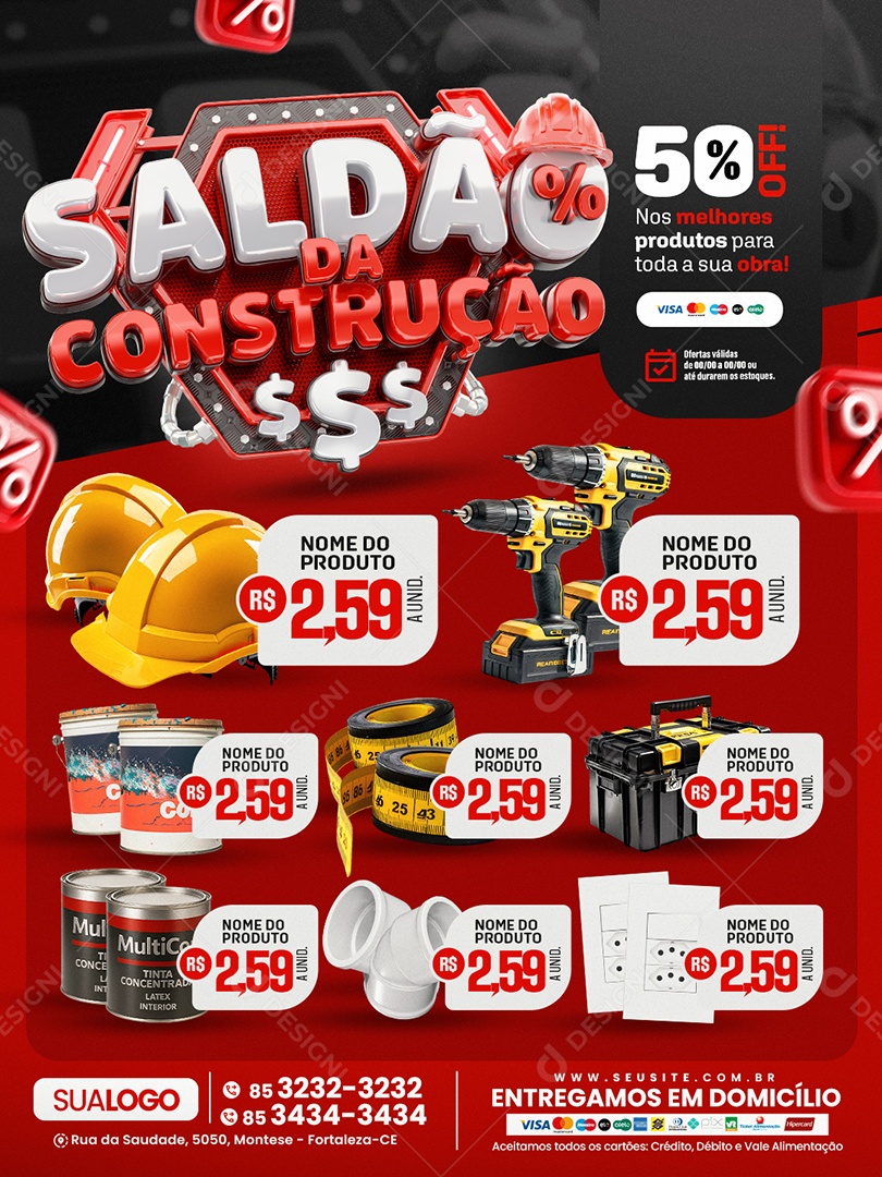 Tabloide Saldão da Construção 50% Off Social Media PSD Editável