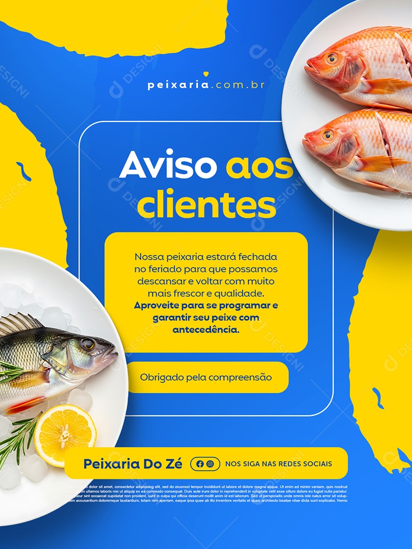 Peixaria Aviso aos Clientes Social Media PSD Editável