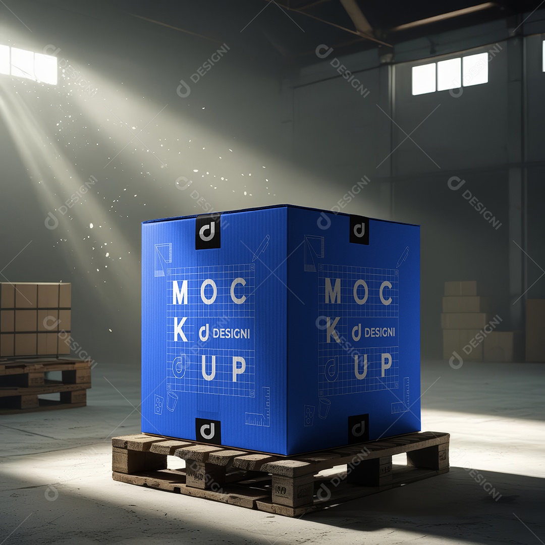 Mockup Caixa de Papelão no Galpão PSD Editável