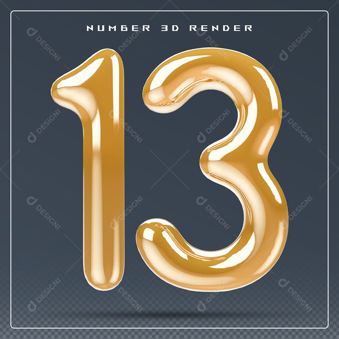 Elemento 3D Número 13 Dourado para Composição PSD