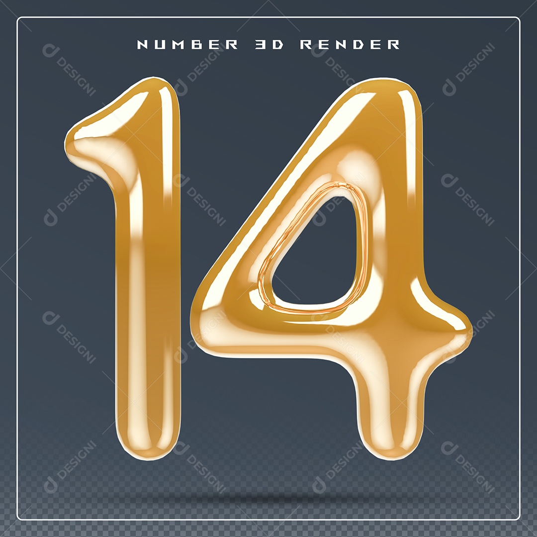 Elemento 3D Número 14 Dourado para Composição PSD