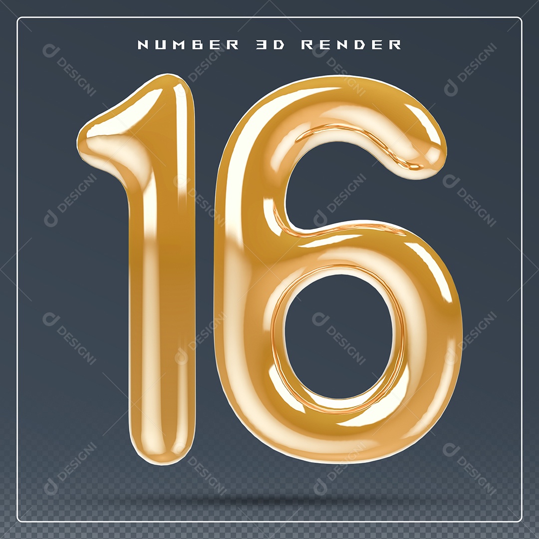 Elemento 3D Número 16 Dourado para Composição PSD