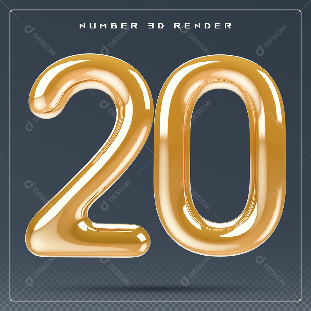 Elemento 3D Número 20 Dourado para Composição PSD