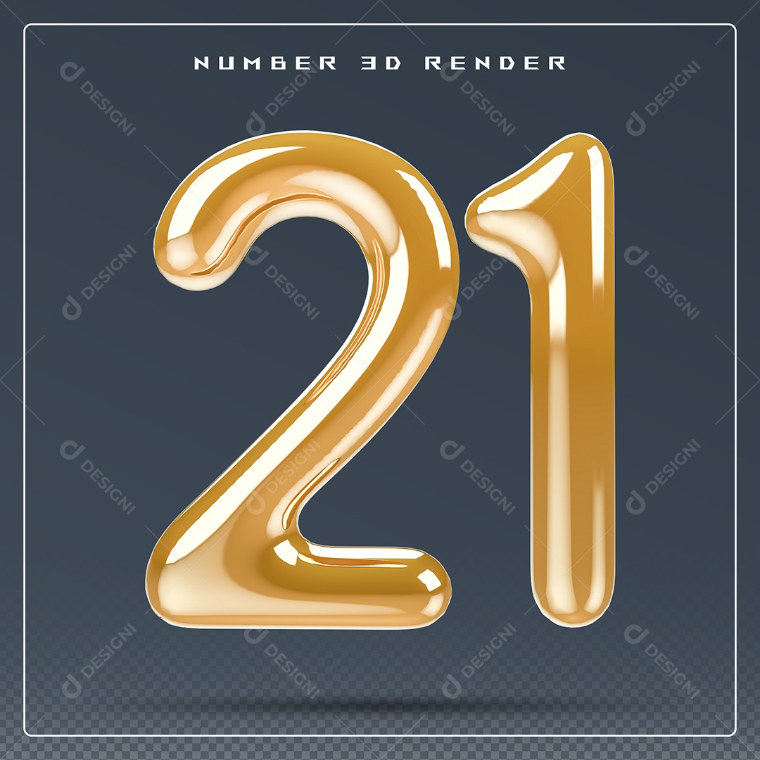 Elemento 3D Número 21 Dourado para Composição PSD