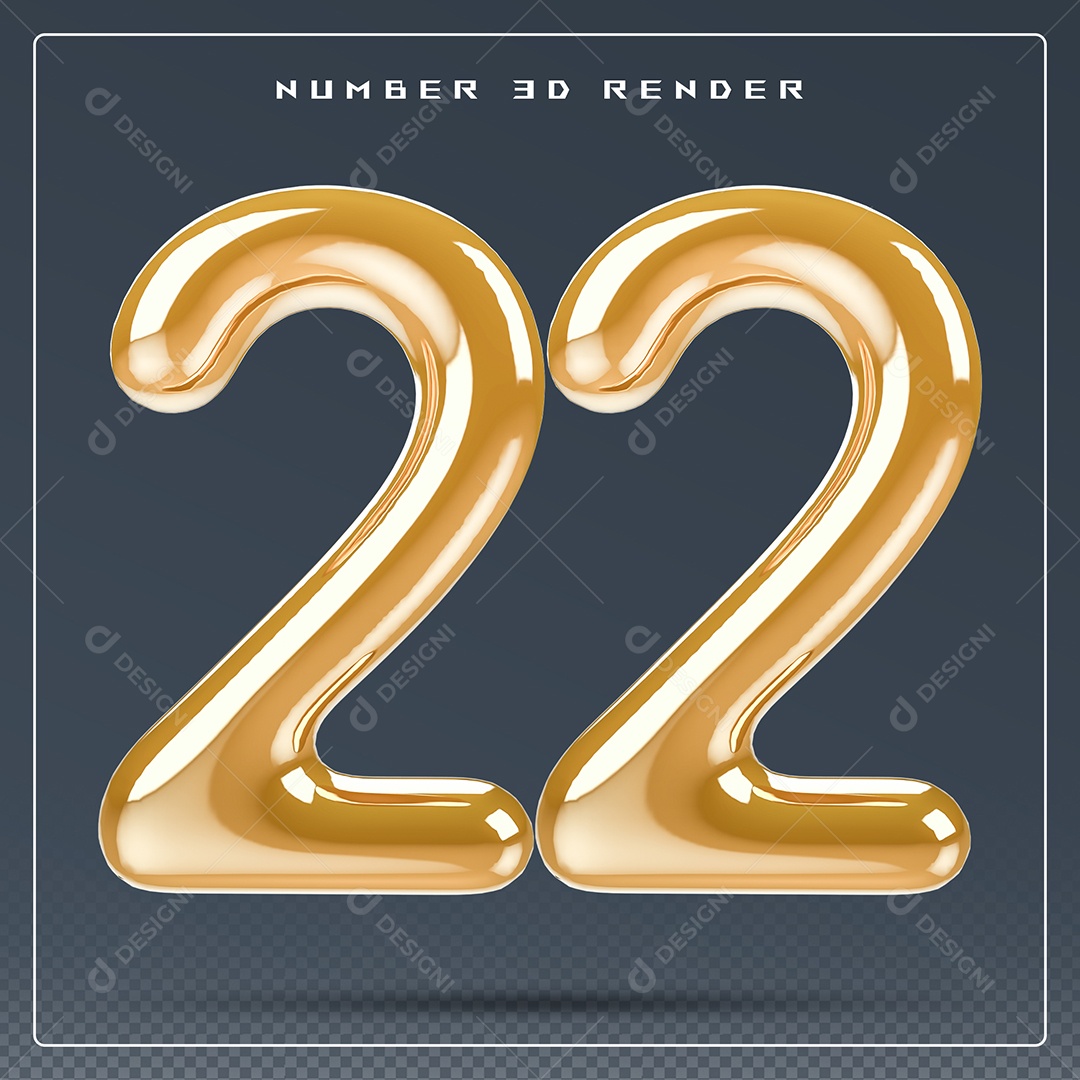 Elemento 3D Número 22 Dourado para Composição PSD