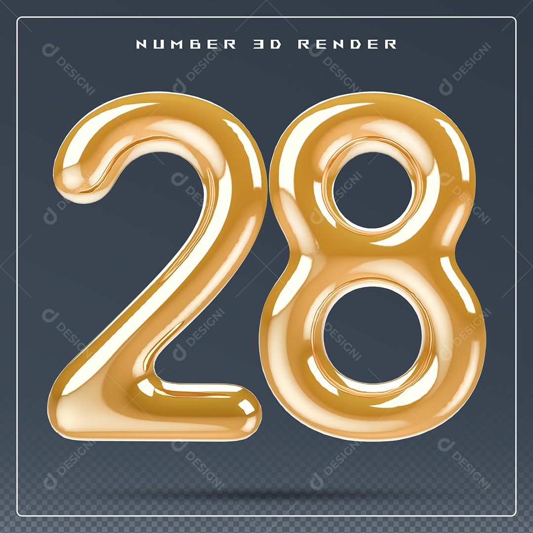 Elemento 3D Número 28 Dourado para Composição PSD