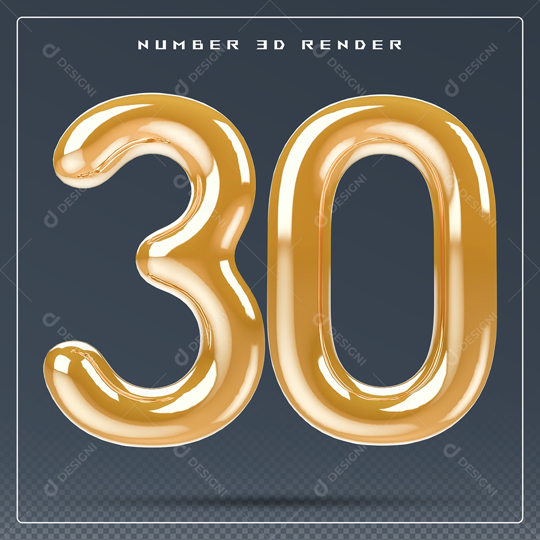 Elemento 3D Número 30 Dourado para Composição PSD