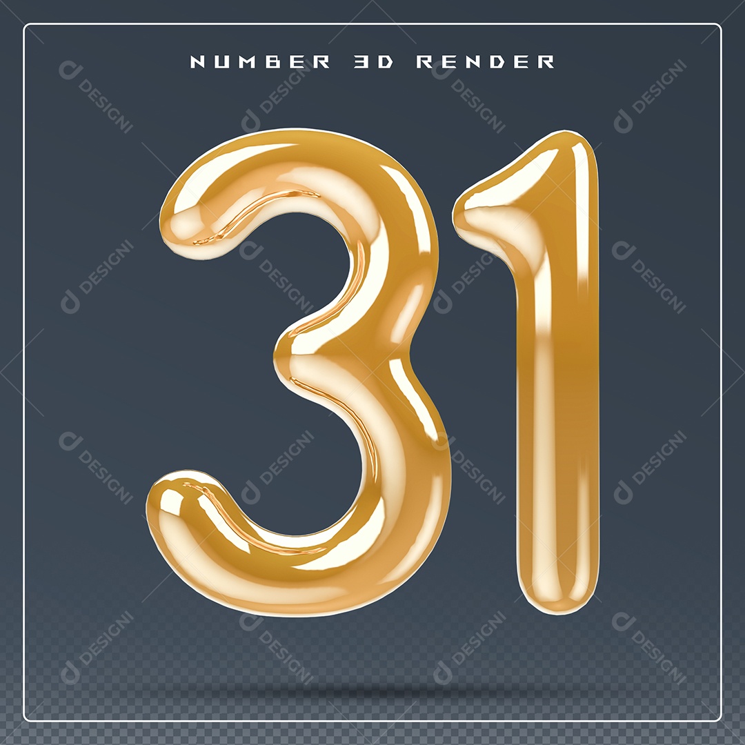 Elemento 3D Número 31 Dourado para Composição PSD