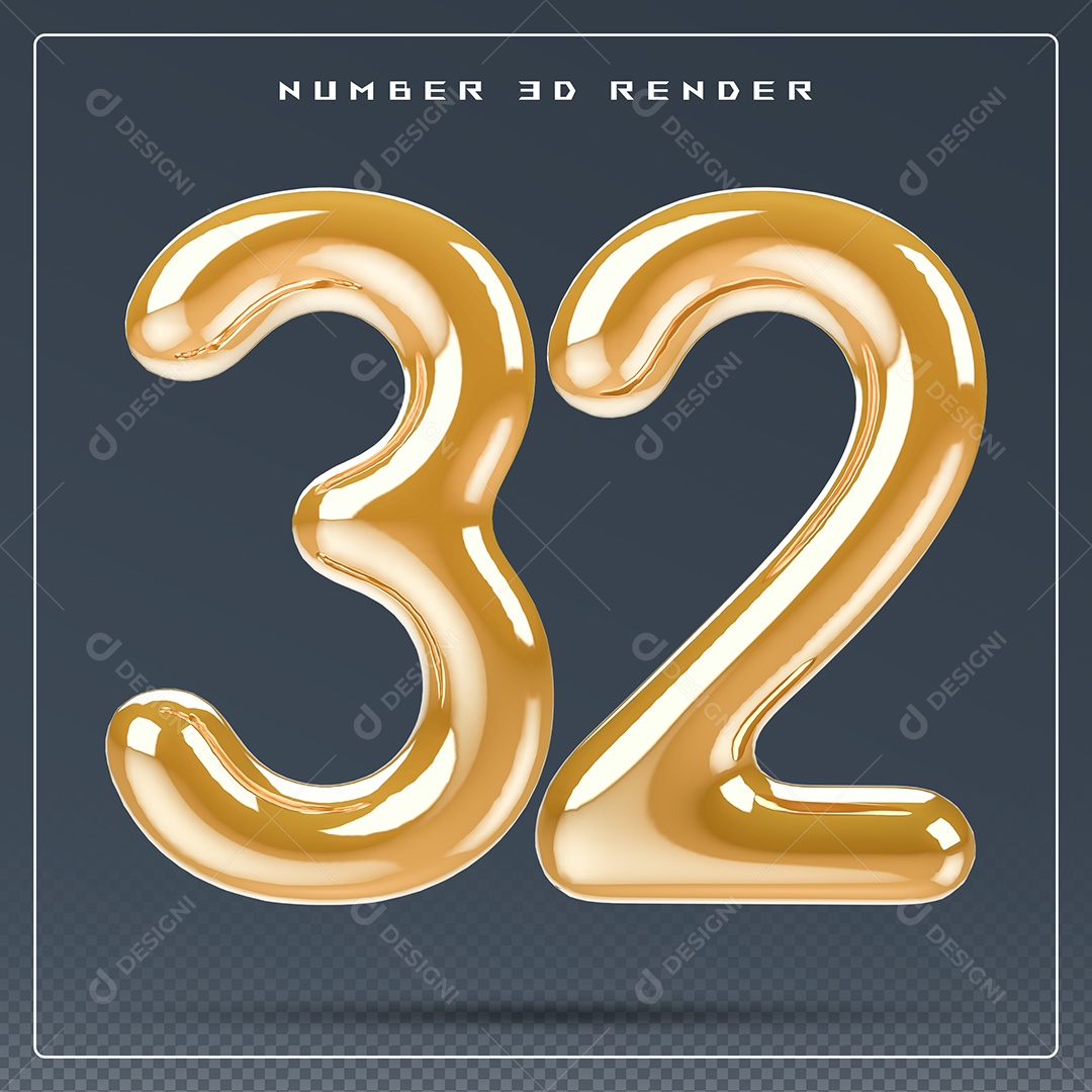 Elemento 3D Número 32 Dourado para Composição PSD