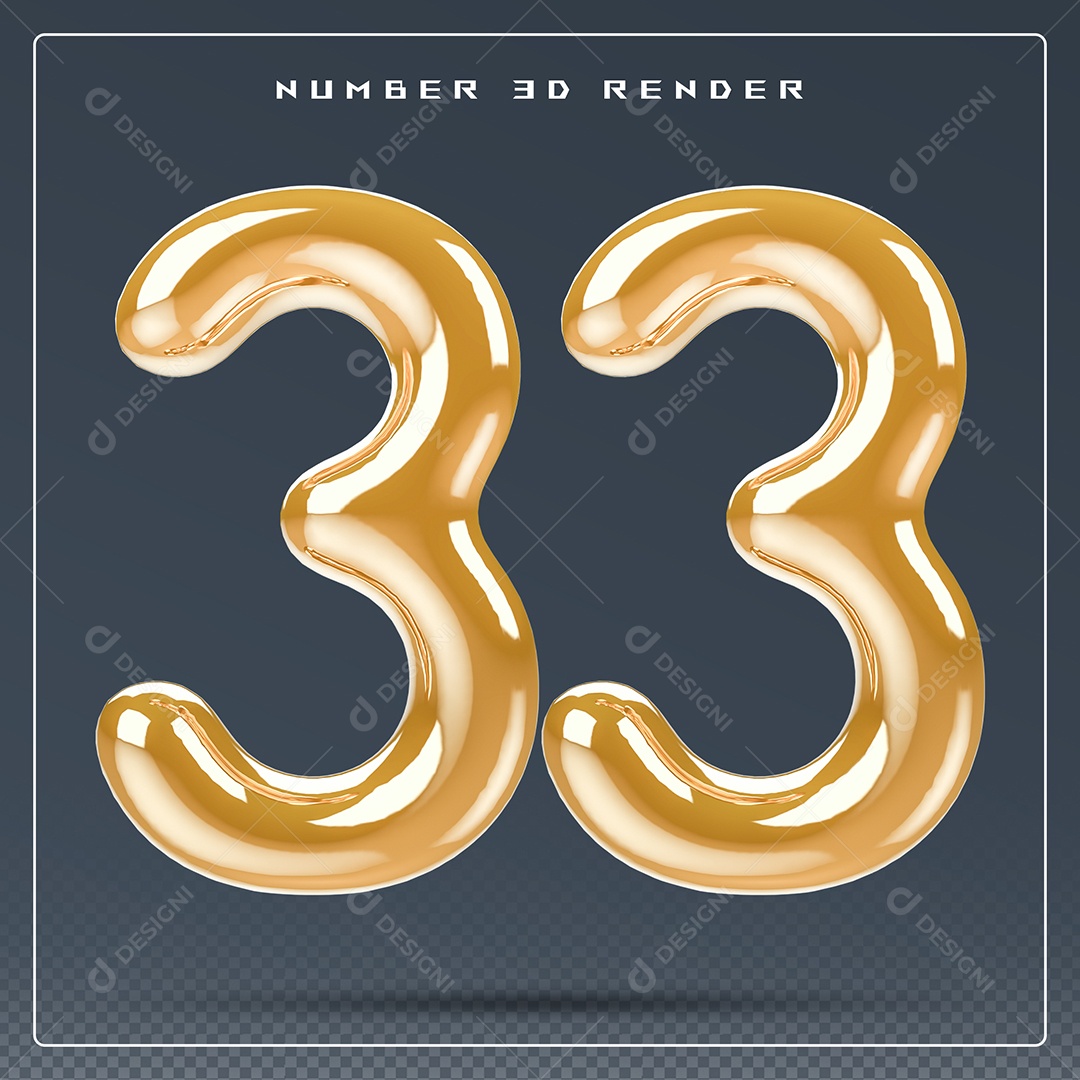 Elemento 3D Número 33 Dourado para Composição PSD