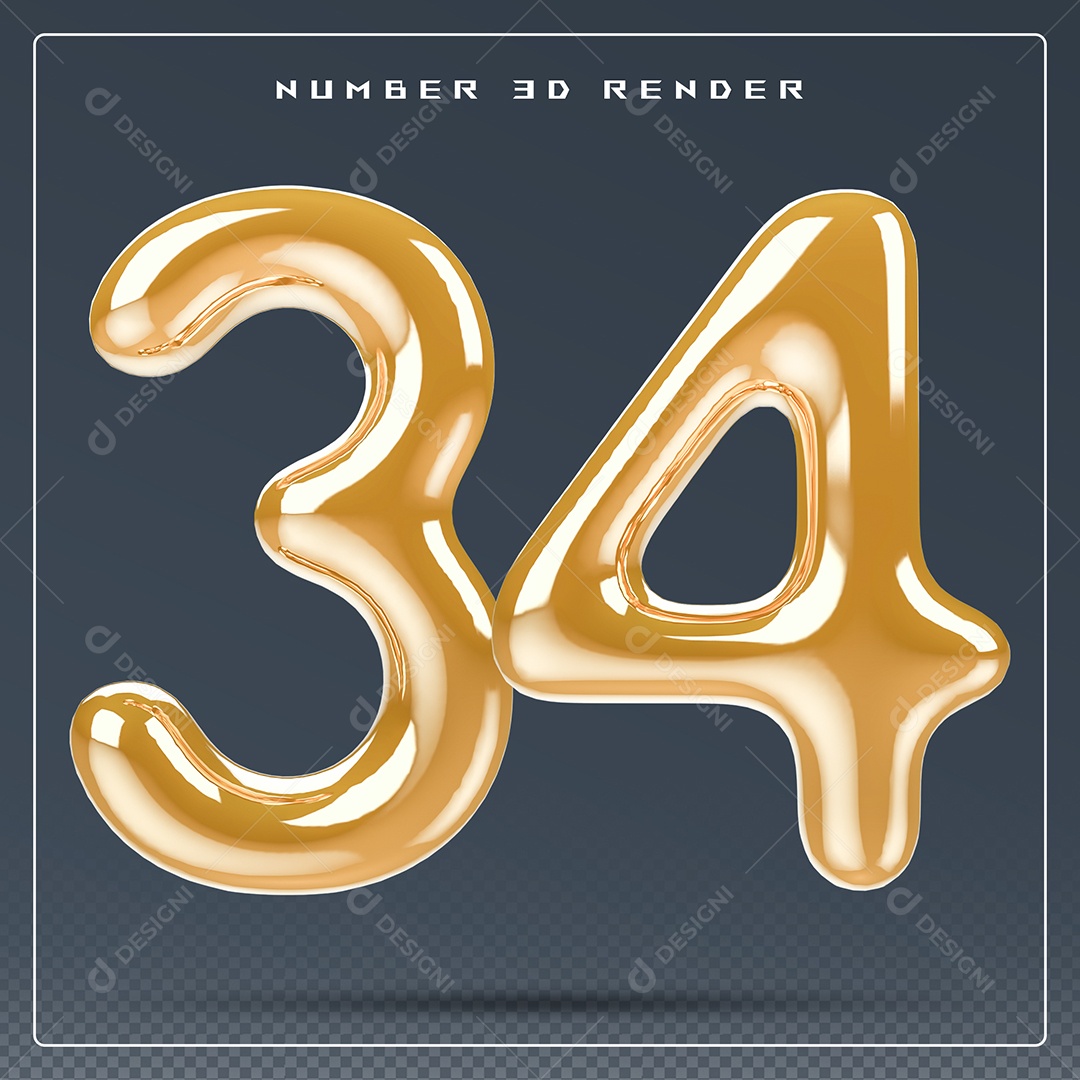 Elemento 3D Número 34 Dourado para Composição PSD