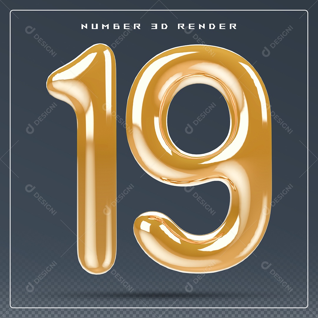Elemento 3D Número 19 Dourado para Composição PSD