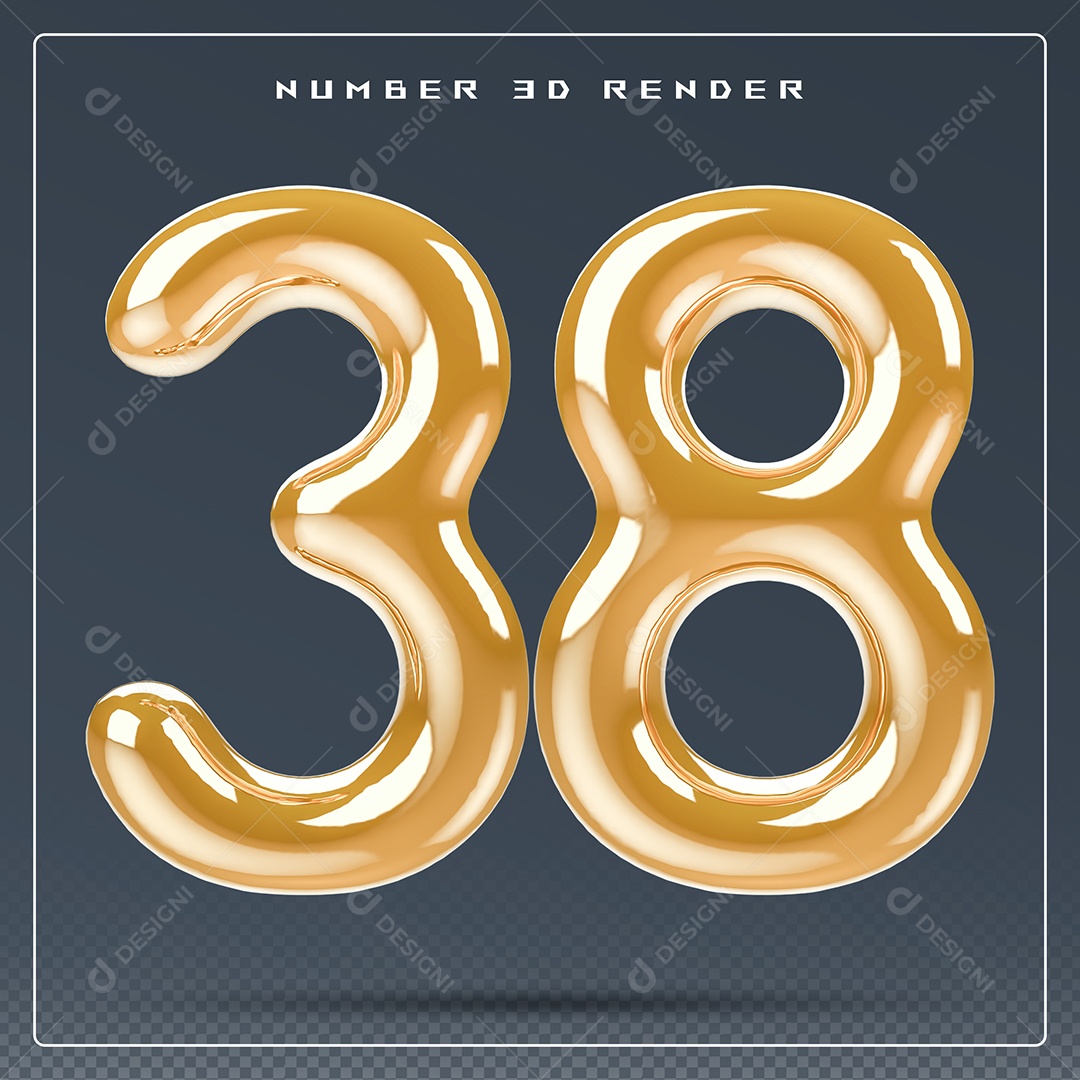 Elemento 3D Número 38 Dourado para Composição PSD
