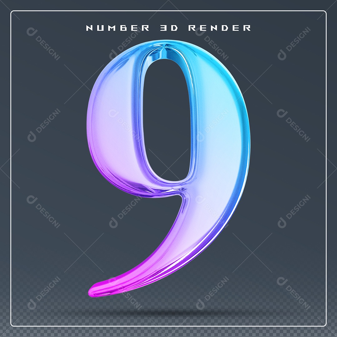 Elemento 3D Número 9 Colorido para Composição PSD