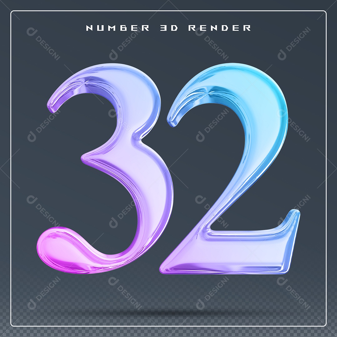 Elemento 3D Número 32 Colorido para Composição PSD