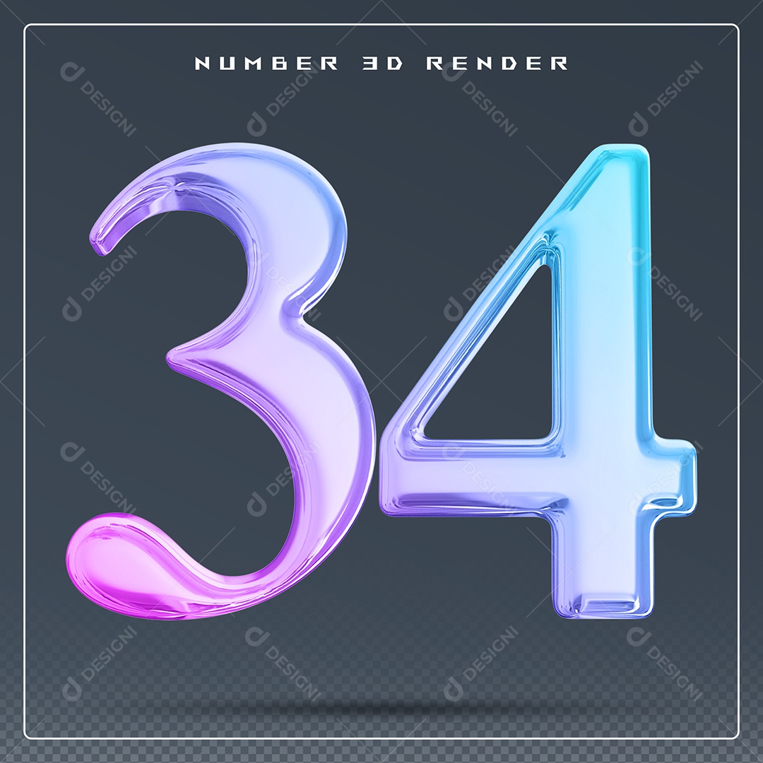 Elemento 3D Número 34 Colorido para Composição PSD