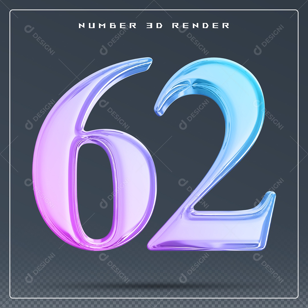 Elemento 3D Número 62 Colorido para Composição PSD