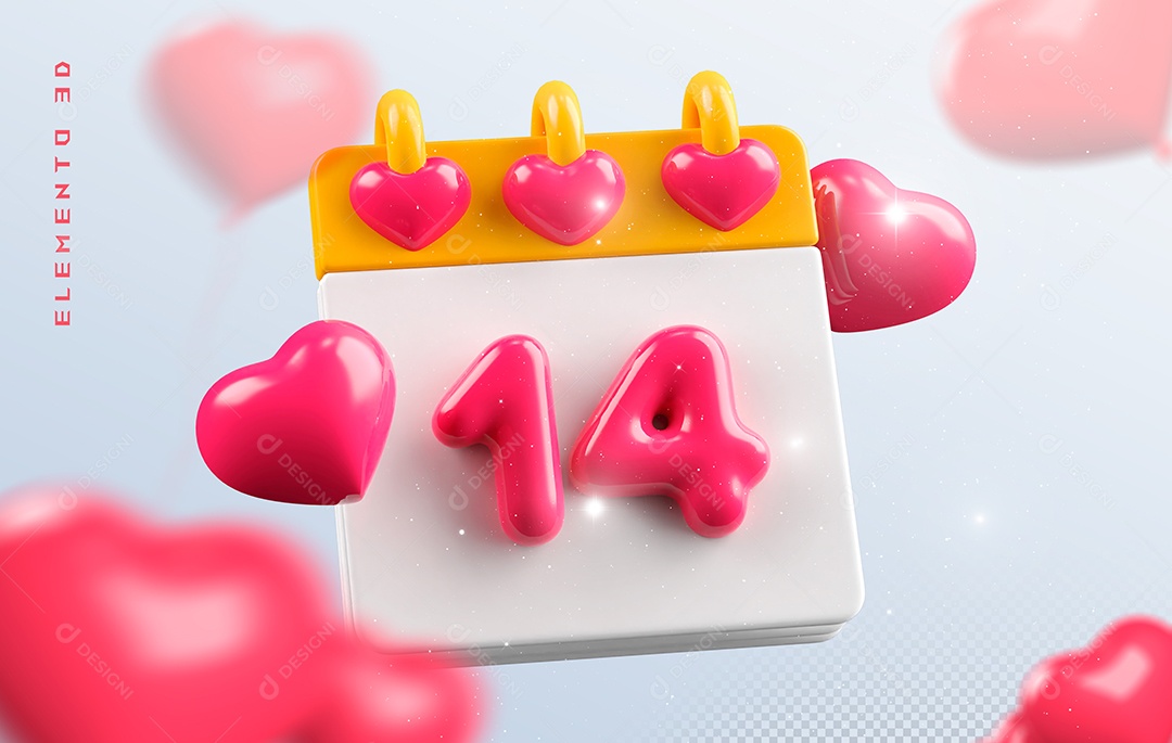 Calendário Dia 14 Elemento 3D Rosa e Branco Para Composição PSD