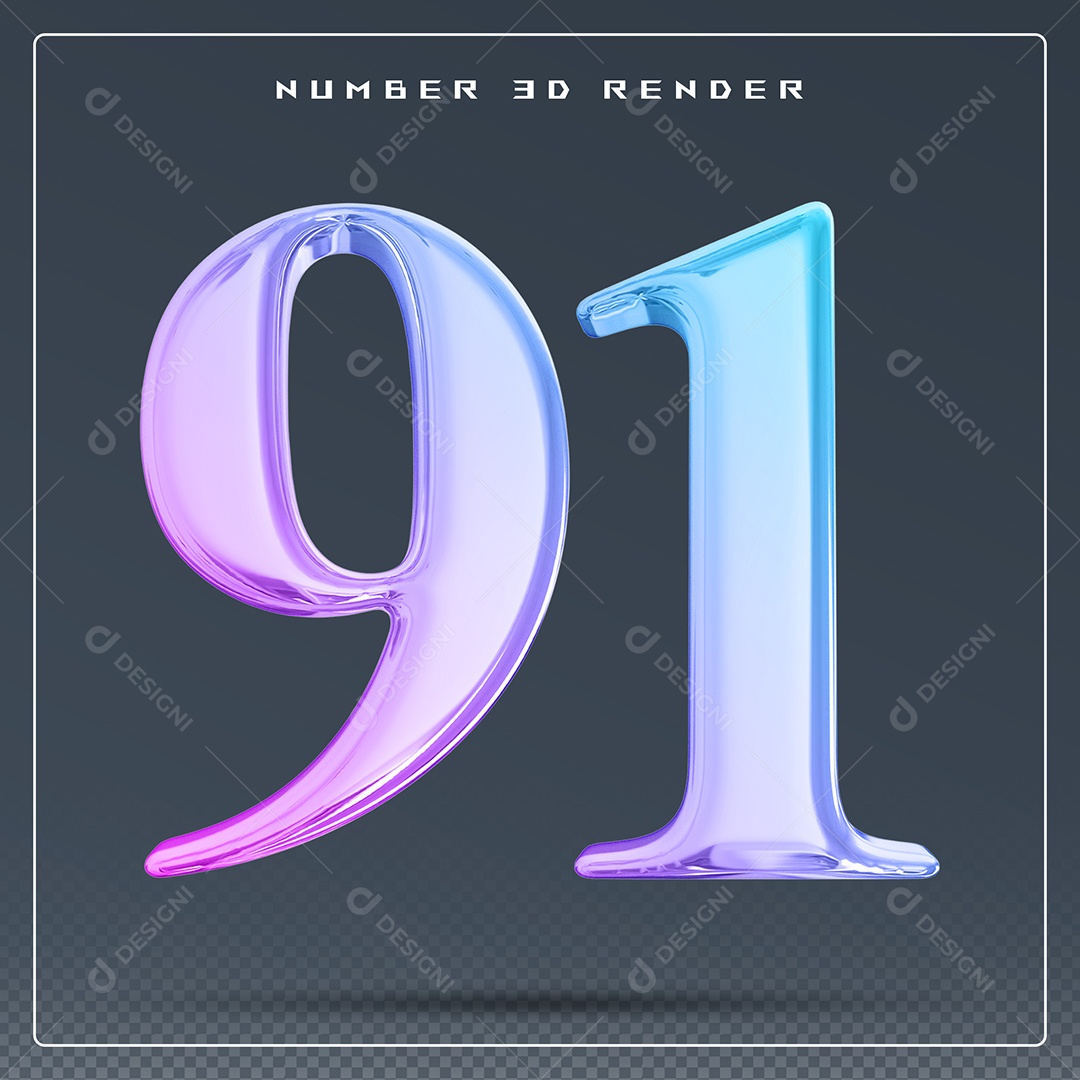 Elemento 3D Número 91 Colorido para Composição PSD