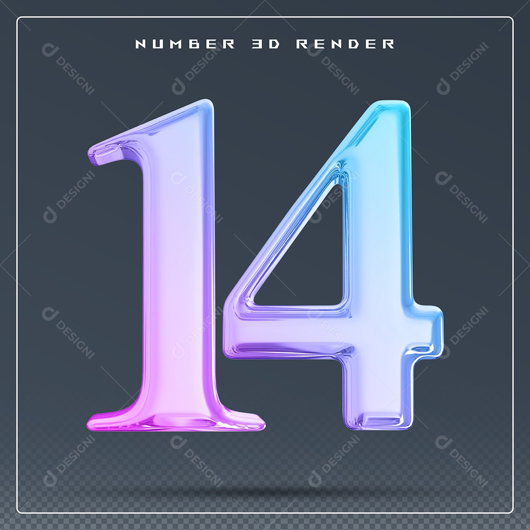 Elemento 3D Número 14 Colorido para Composição PSD