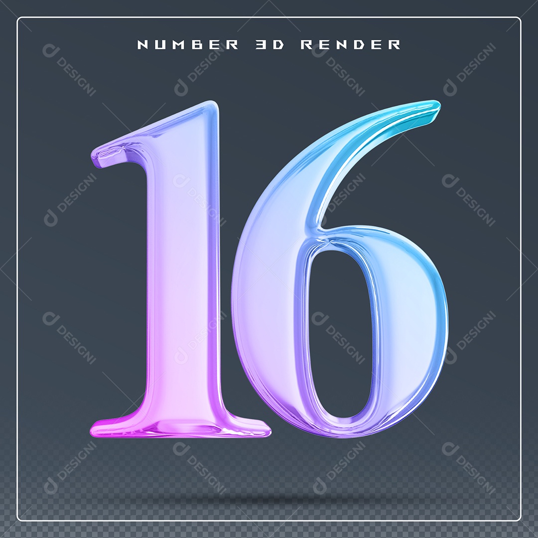 Elemento 3D Número 16 Colorido para Composição PSD