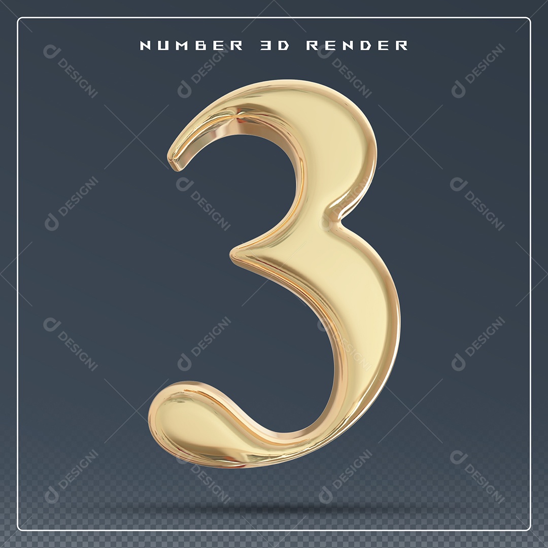 Elemento 3D Número 3 Dourado para Composição PSD