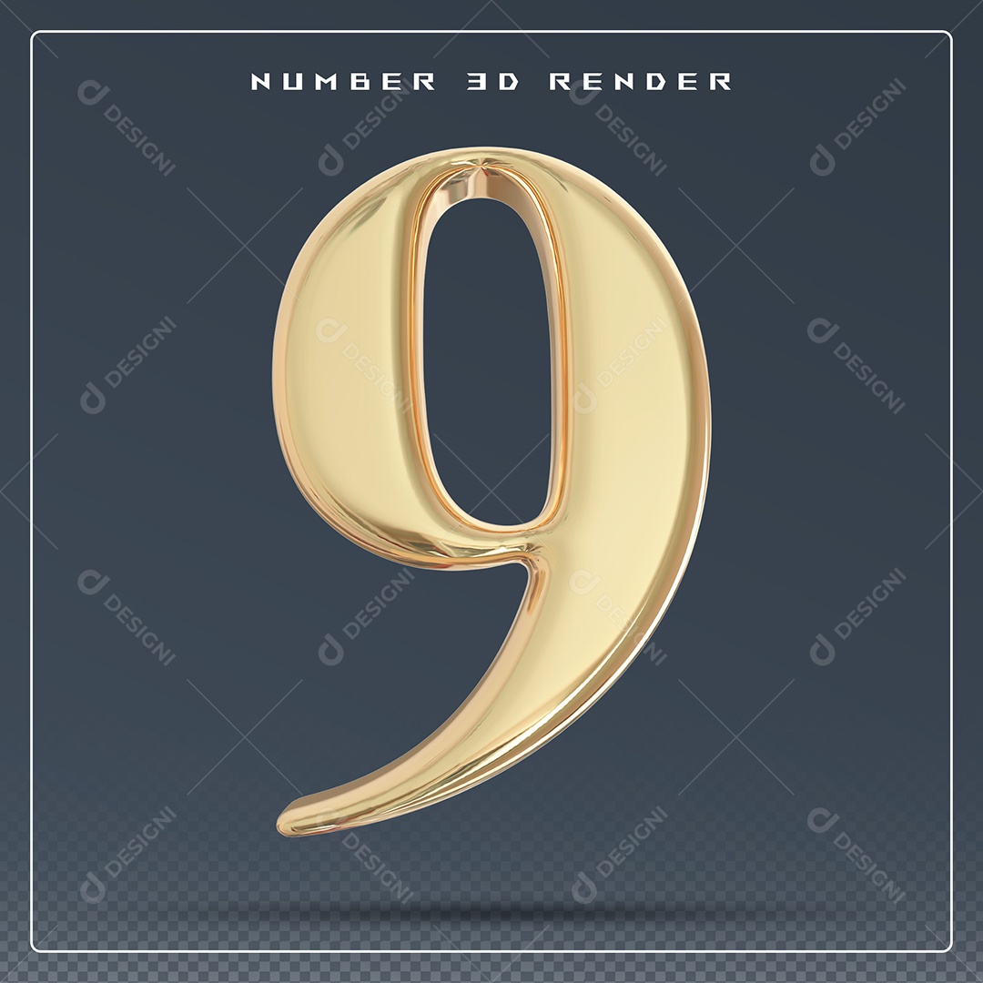 Elemento 3D Número 9 Dourado para Composição PSD