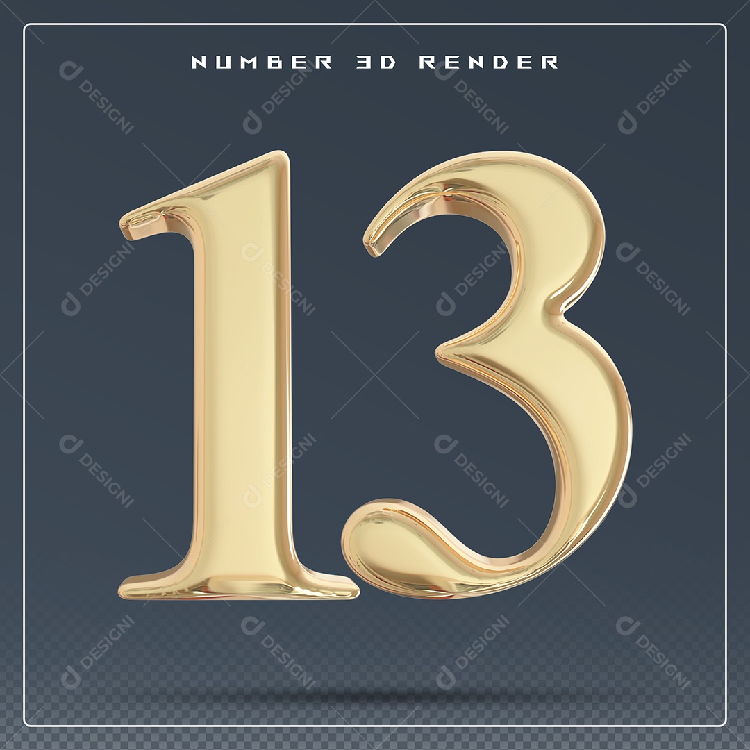 Elemento 3D Número 13 Dourado para Composição PSD