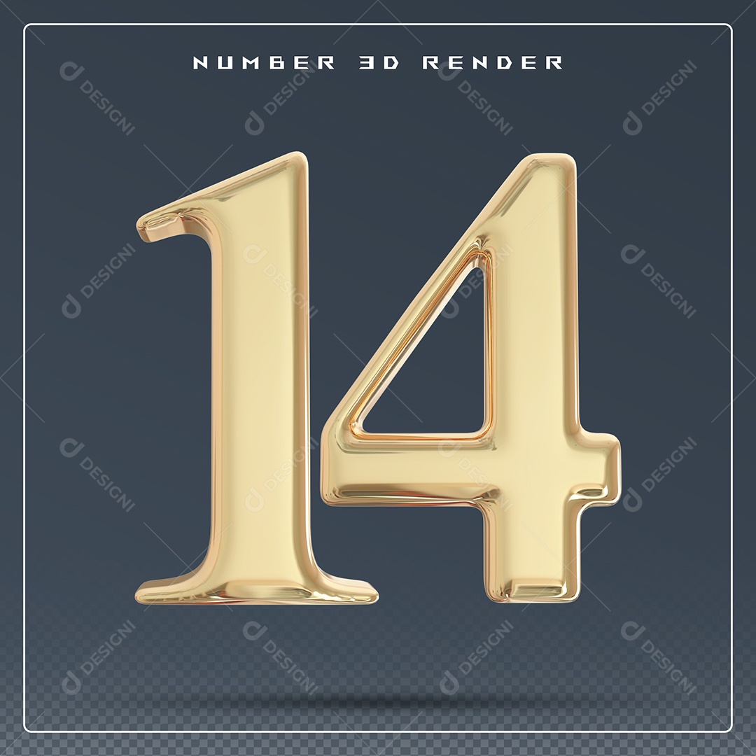 Elemento 3D Número 14 Dourado para Composição PSD