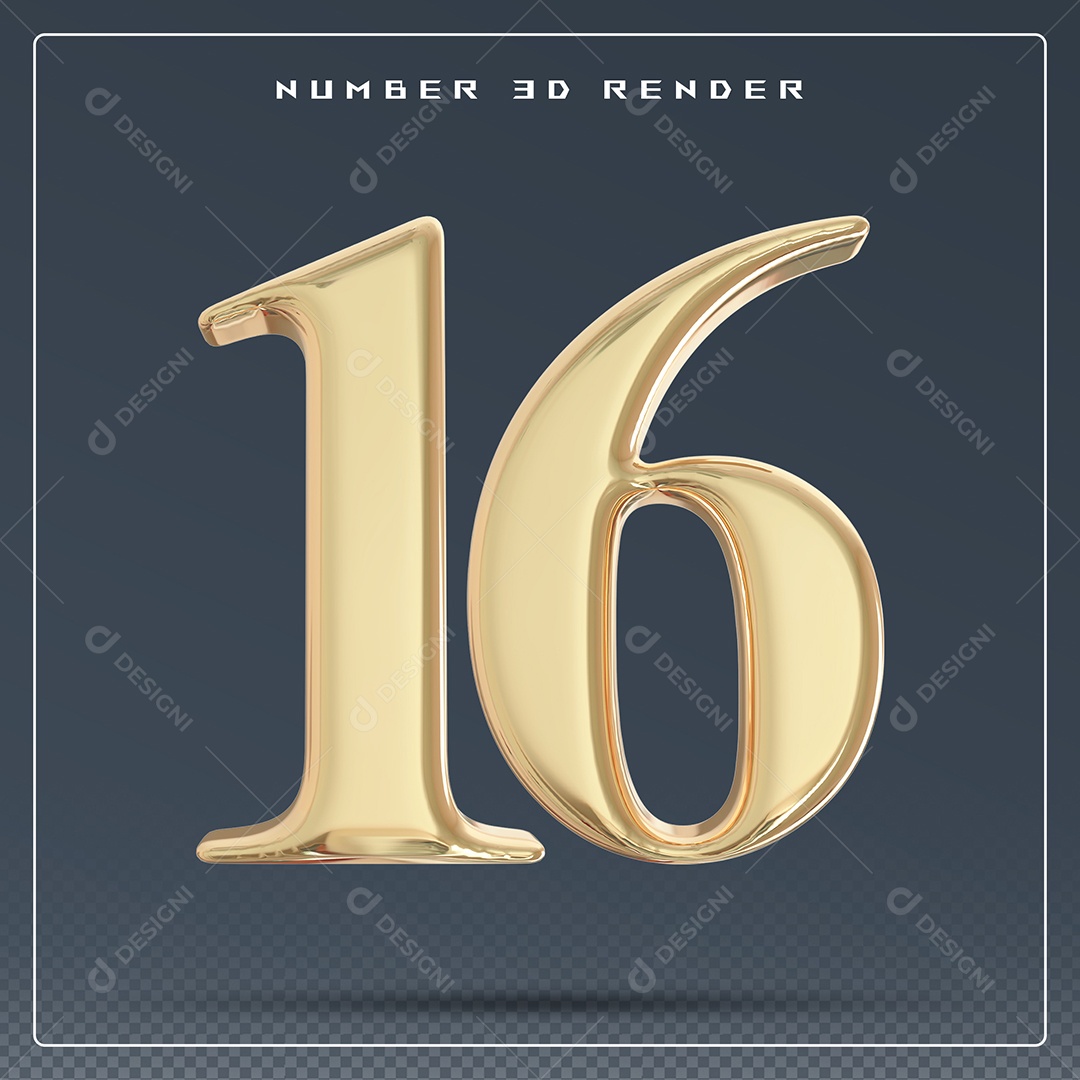 Elemento 3D Número 16 Dourado para Composição PSD