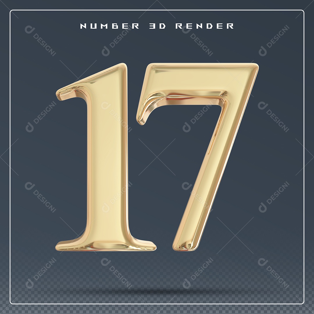 Elemento 3D Número 17 Dourado para Composição PSD