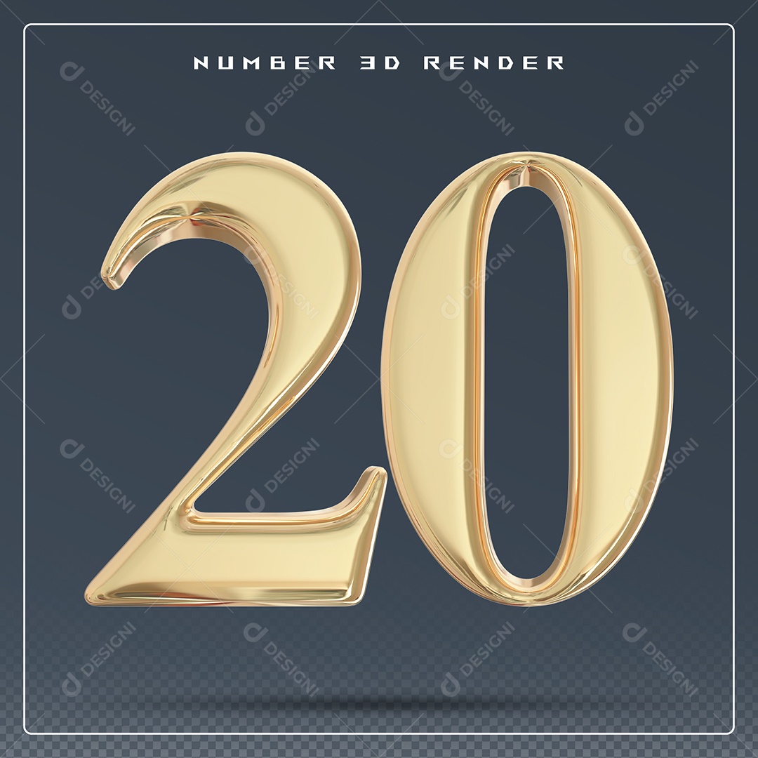 Elemento 3D Número 20 Dourado para Composição PSD