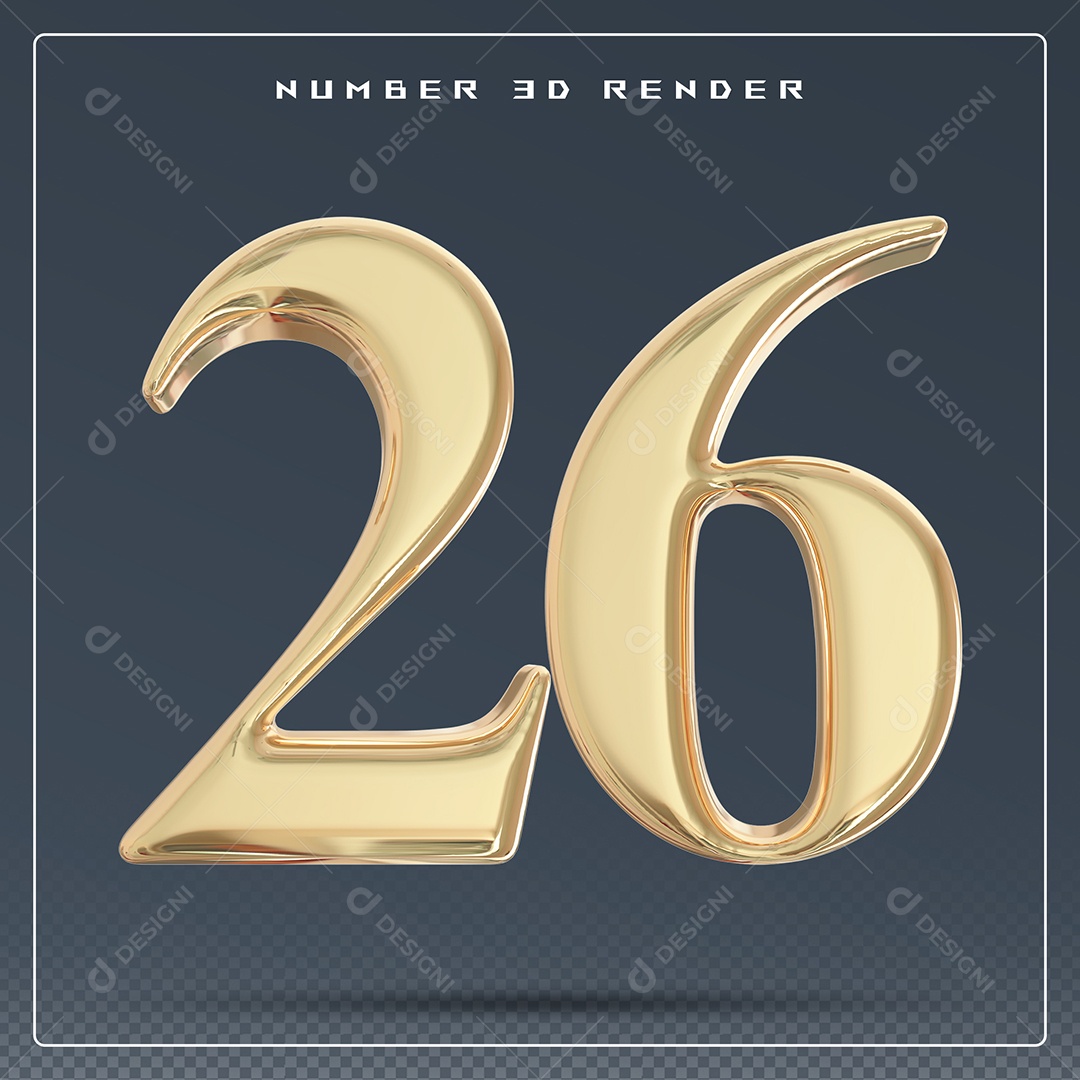 Elemento 3D Número 26 Dourado para Composição PSD
