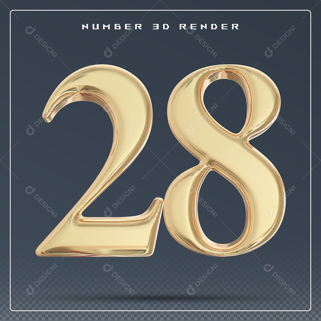 Elemento 3D Número 28 Dourado para Composição PSD