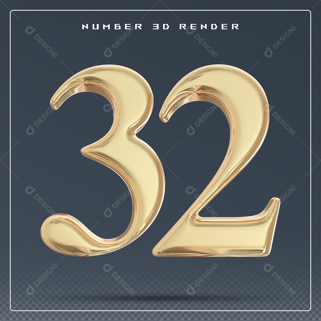Elemento 3D Número 32 Dourado para Composição PSD