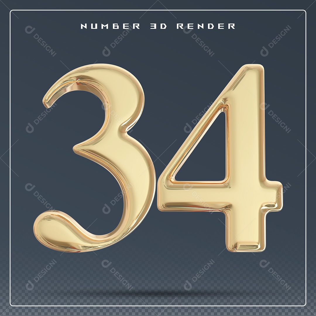 Elemento 3D Número 34 Dourado para Composição PSD