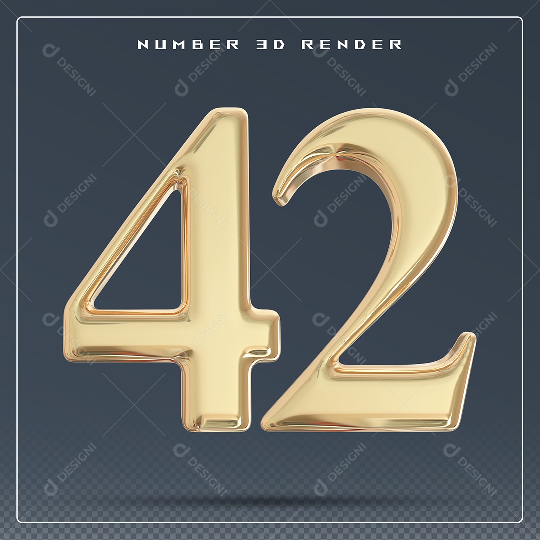Elemento 3D Número 42 Dourado para Composição PSD