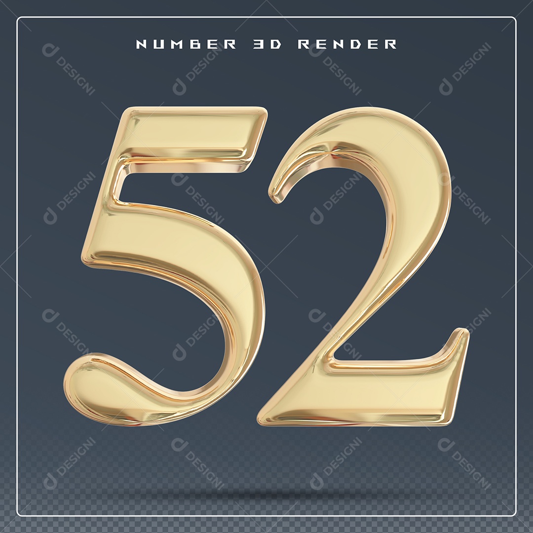 Elemento 3D Número 52 Dourado para Composição PSD