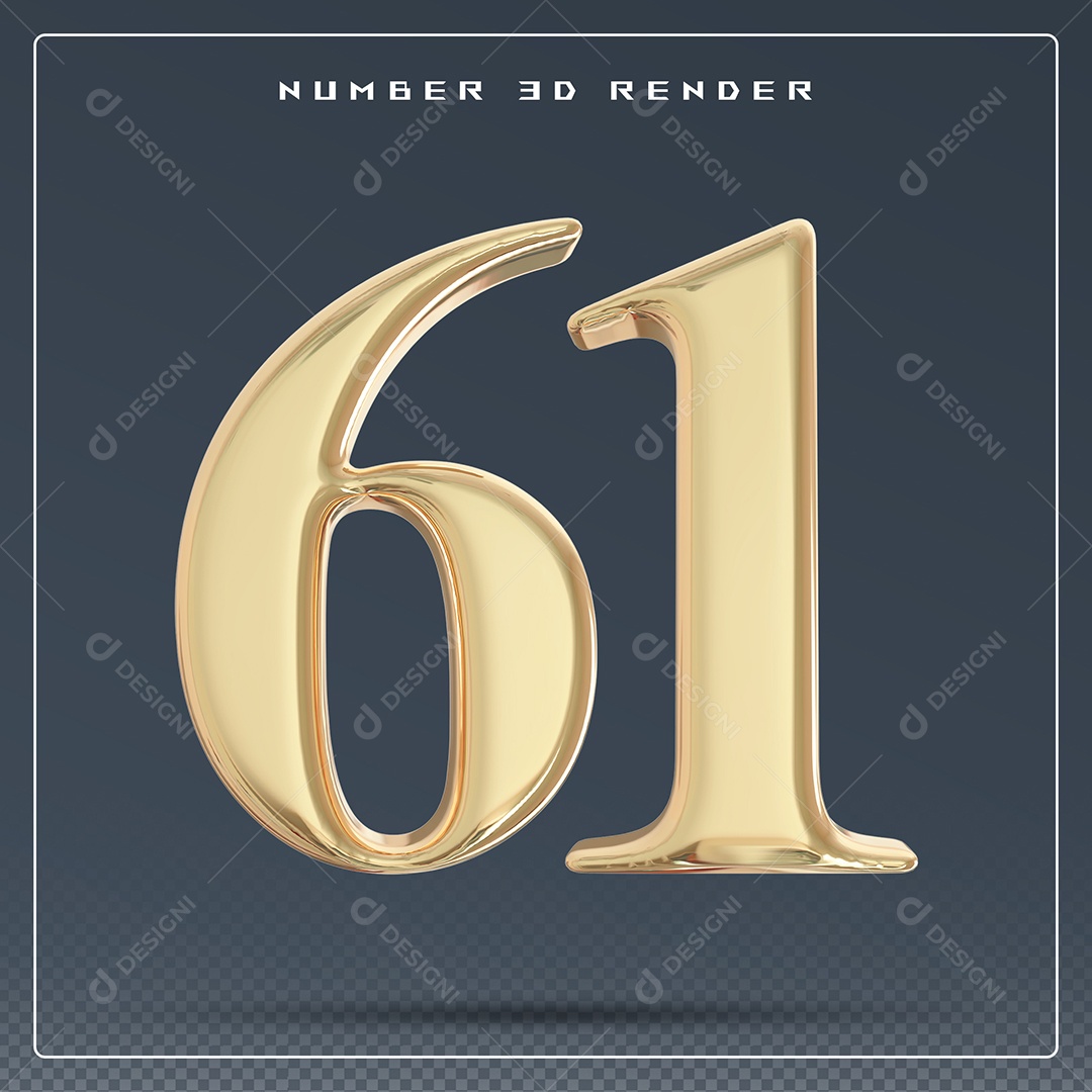 Elemento 3D Número 61 Dourado para Composição PSD