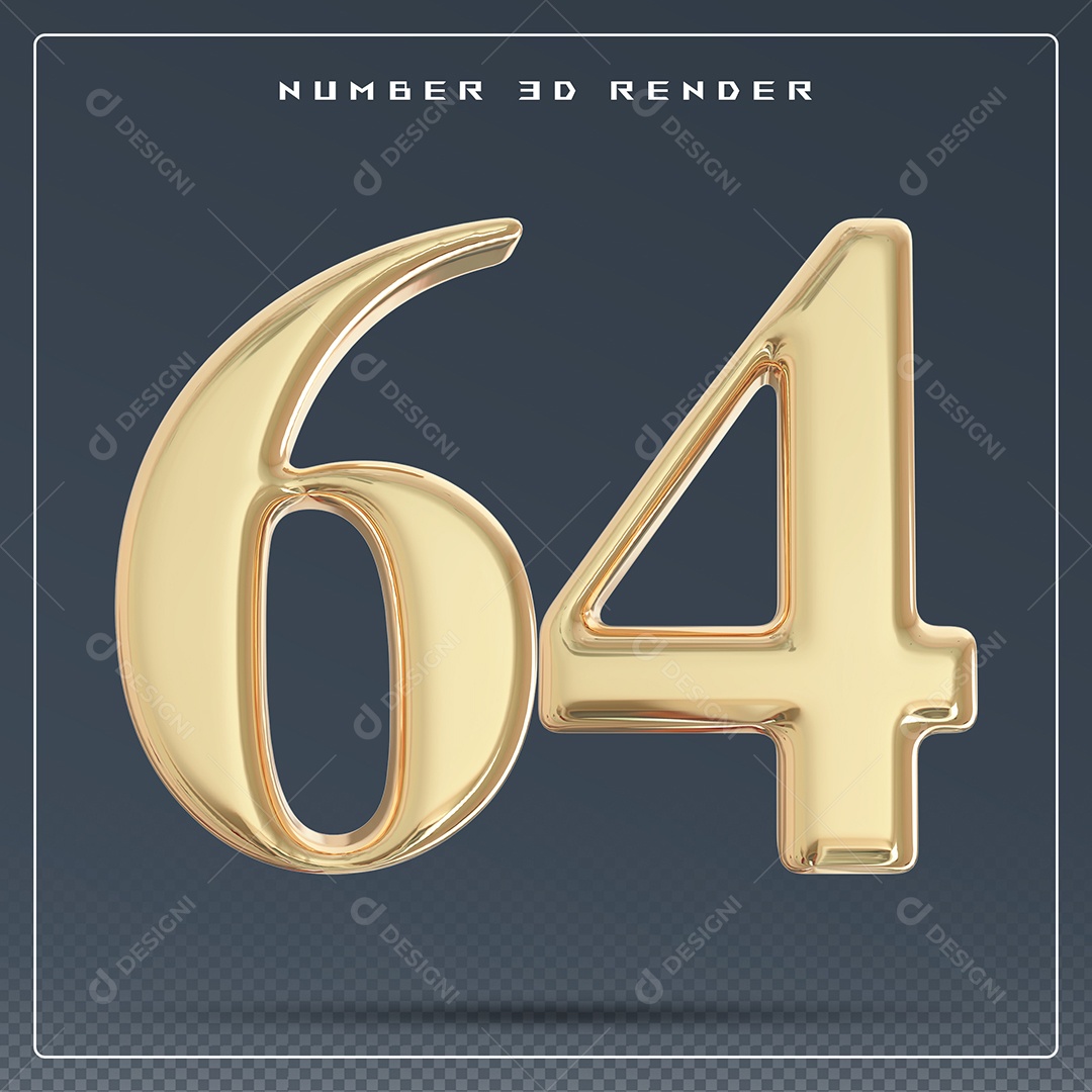 Elemento 3D Número 64 Dourado para Composição PSD