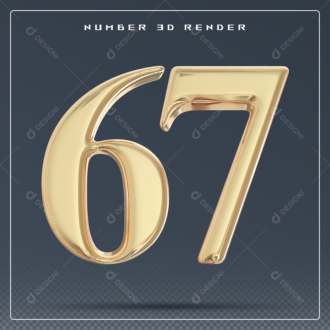 Elemento 3D Número 67 Dourado para Composição PSD