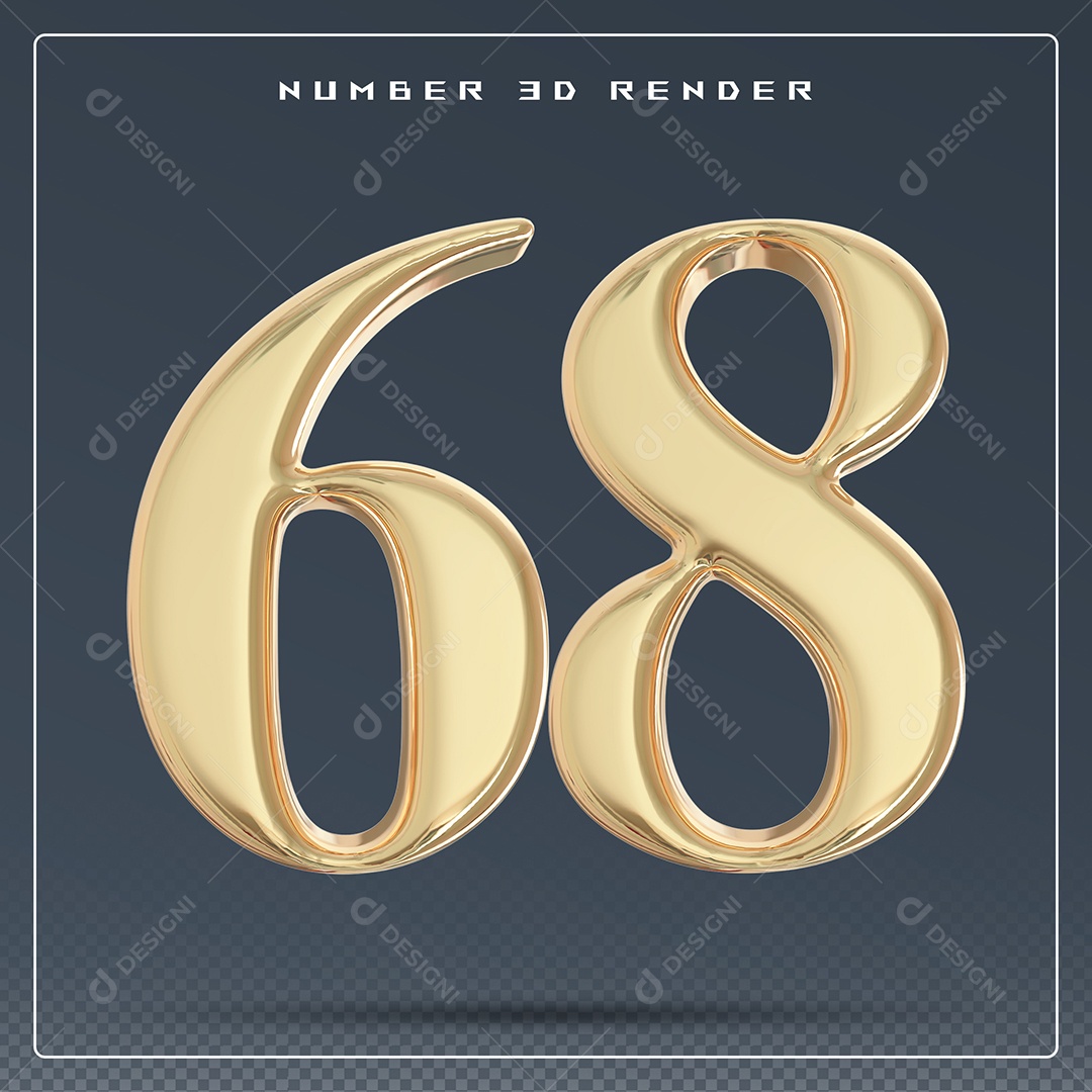 Elemento 3D Número 68 Dourado para Composição PSD